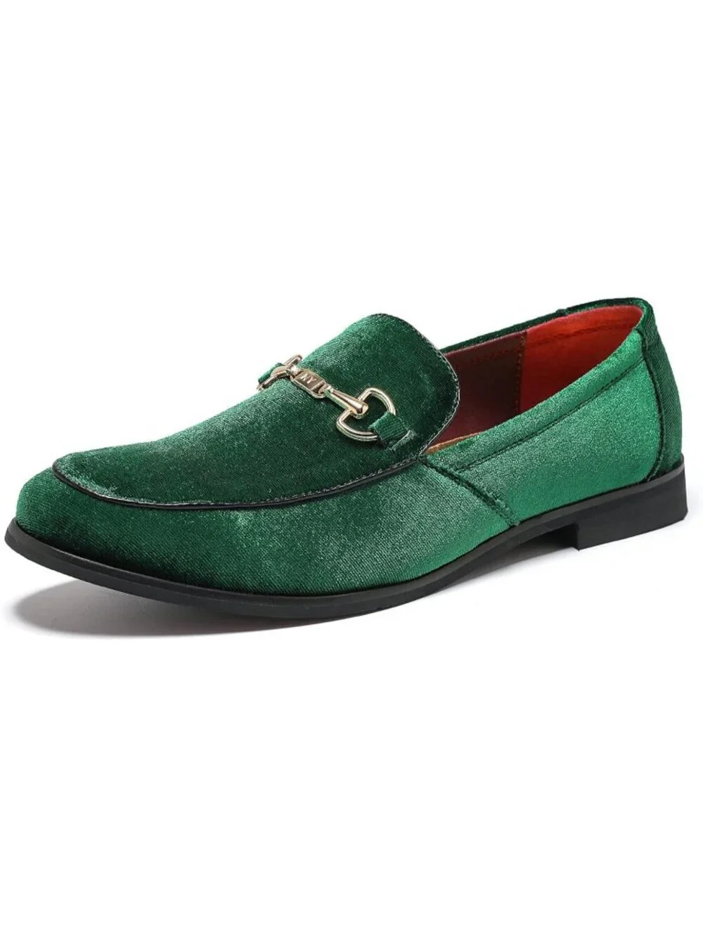 LCQL Men's Grass Green Leather Velvet Loafer Gold Buckle Slip On Luxury Shoes